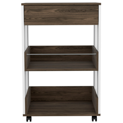 White Kitchen Cart with Drawer, Three-Tier Shelves, and Casters